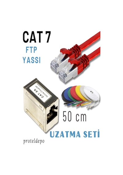 Irenıs 50 Cm, Kırmızı Cat7 Kablo Yassı Ftp Ethernet Network Lan Ağ Kablo Ve Ekleyici