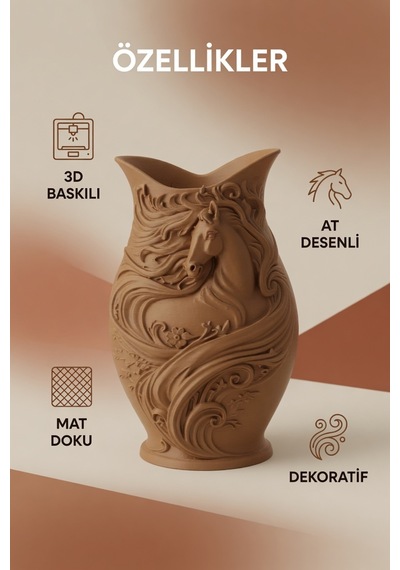 At Desenli Dekoratif Vazo Mat Dokulu Çiçeklik Modern Ev Ofis Masa Raf Salon Süs Aksesuarı 15x10 Cm Kahverengi