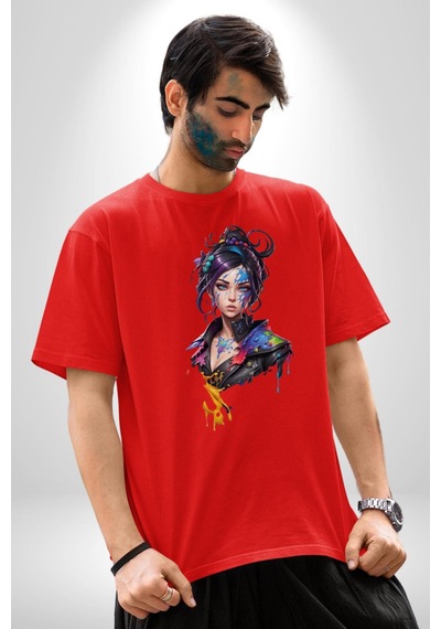 Süper Robot Kız Sulu Boya Pamuklu Bisiklet Yaka Unisex Oversize Boyfriend Dijital Baskılı Kırmızı T-shirt Kırmızı