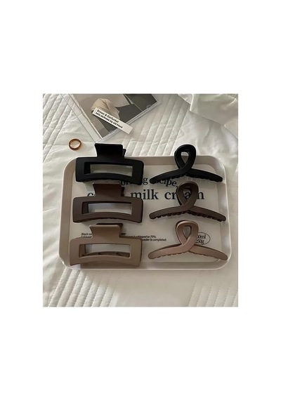 Xmlbayiciniz Kadın Ikili Model Siyah Kahverengi Tonlar 6'li Set, Kadın Çocuk Mandal Toka, Lastik Toka Seti, Kız Çocuk Çok Renkli