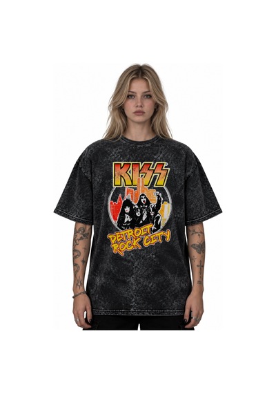 Kiss Rock Metal Müzik Grubu Baskılı Unisex Oversize Vintage Retro Siyah