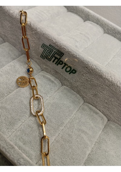 Tiptop/ Gold Renk Zincir Model Zirkon Taşlı Hayat Ağacı Ve Nazar Borcuklu Bileklik Gold