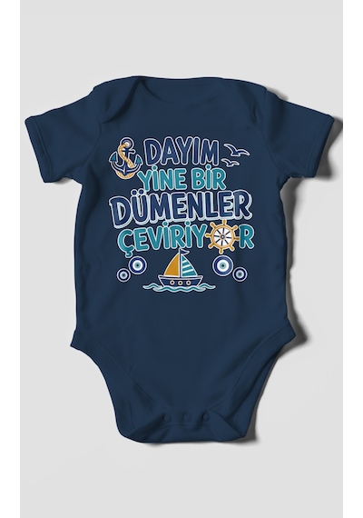 Morivokids Dayım Yine Bir Dümenler Çeviriyor Kısa Kollu Bebek Body %100 Pamuk Lacivert