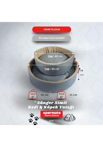 Xpermate Kedi Ve Köpek Yatağı Küçük Irk Köpek Yuvası Sünger Simit Antrasit Bej, 55 Cm