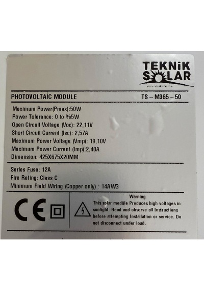 Tekniksolar Güneş Paneli 12 Volt 50 W Mono Kristal 42.5x67.5 Cm