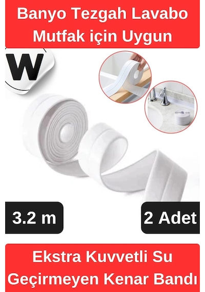 Premium Su Geçirmez Önleyici Yalıtım Küf Banyo Mutfak Lavabo Beyaz Kenar Şerit Bant 3.2m 2 Adet