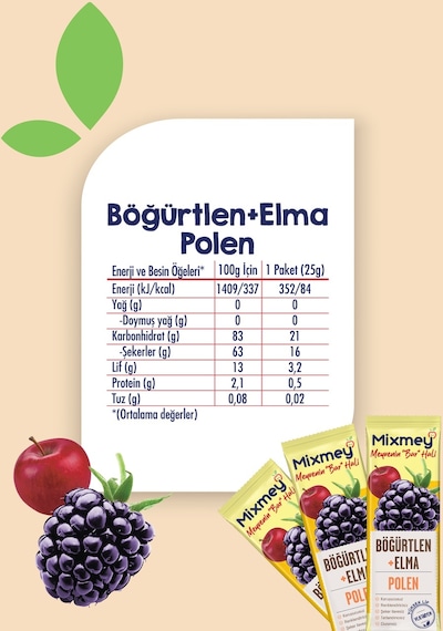 Mixmey Bee Polen Böğürtlen Meyve Barı 24 Adet | Atıştırmalıklar – Glutensiz (25GR X 24 ADET)
