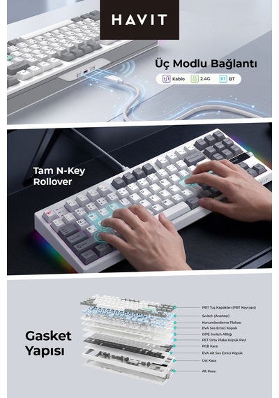 Havit Gamenote Kb909l Hot-swap Gaming Mekanik Klavye - Tft Ekran, 3 Mod Bt,2.4g,kablolu ,light Blue Switch