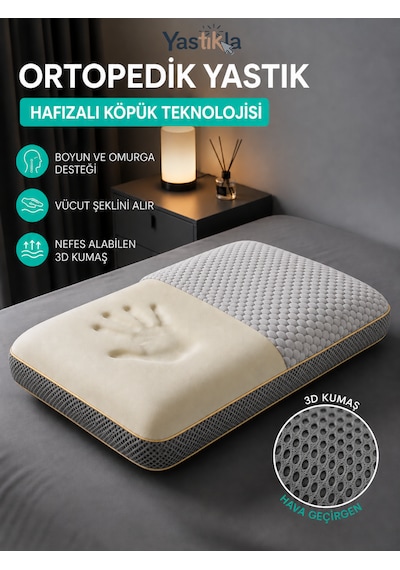 Nefes Alabilen 3d Kumaşlı Boyun Destekli Ortopedik Hafızalı Visco Sabun Yastık 60x40x14 Cm Beyaz - Antrasit