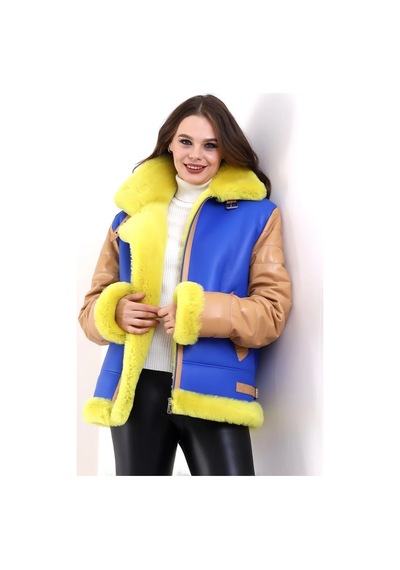 Ertaştrendstore Kadın Premium Doğal Koyun Derisi Pilot Kürk - Sarı Çok Renk
