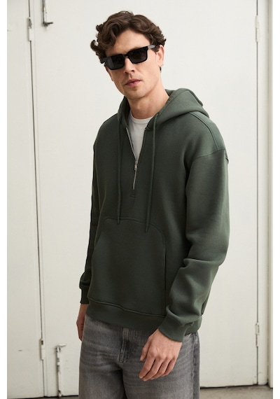 Grimelange Justus Erkek Kapüşonlu Kanguru Cepli Fermuar Yakalı Yeşil Sweatshirt Yeşil