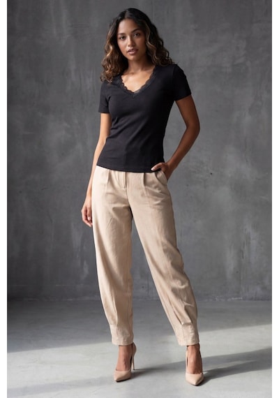 Siyah V Yaka Dantelli Slim Fit Kadın Tişört Mg2683 Siyah