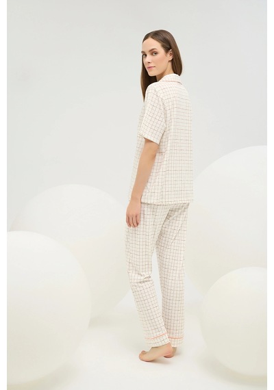 U.S. Polo Assn. 16608 Kadın Baskılı Düğmeli Pijama Takım Ekru