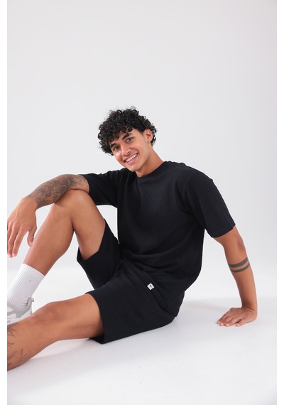 Rowinger Waffle Dokulu Oversize T-shirt Ve Şort Erkek Takım Siyah