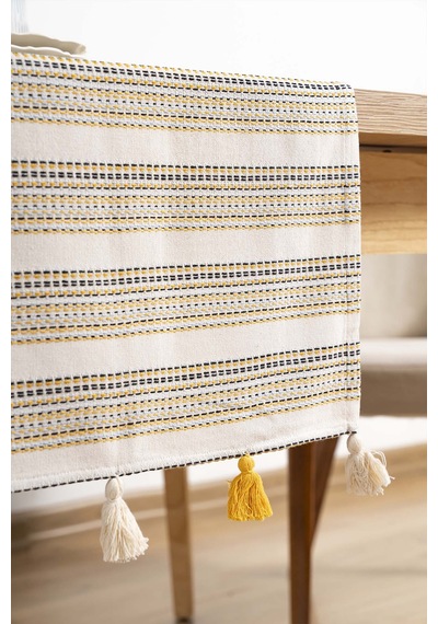 Rivaistanbul Ruffle Püsküllü Pamuklu Ham Keten Runner 50x130 Cm Açık Krem