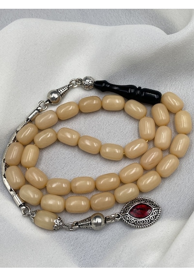 El Boy Alpaka Püsküllü Beyaz Hamur Sıkma Kehribar Tesbih 7x11 Mm