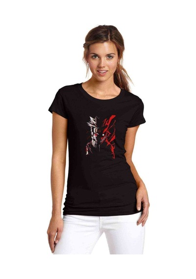 Anime Naruto Red White Baskılı Siyah Kadın Tshirt