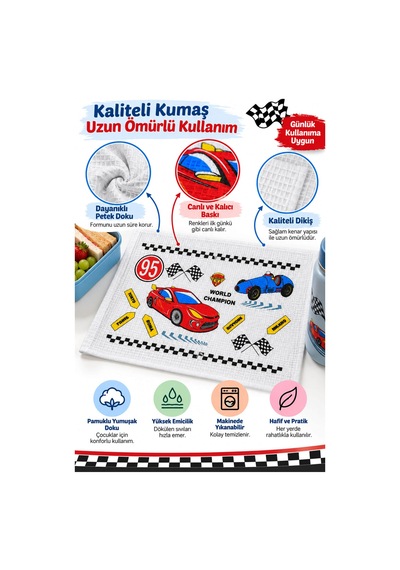 6 Lı Okul Beslenme Örtüsü 35x50 Cm Yıkanabilir Araba Desenli Beyaz