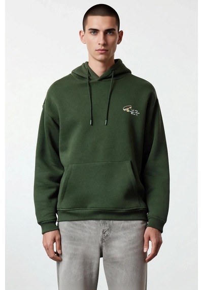 Benerly Erkek Kapüşonlu Düşük Kol Sweatshirt Slogan Nakışlı Fonksiyonel D Haki