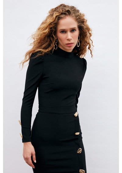 Sateen  Düğme Detaylı Crop Bluz - Siyah-132901 Siyah