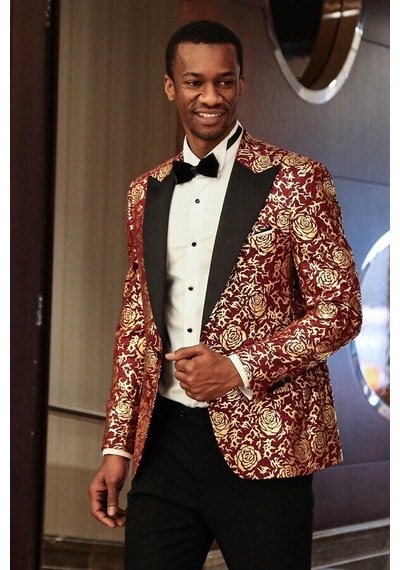 Wessi Gold Gül Desenli Slim Fit Bordo Erkek Smokin Ceket Bordo