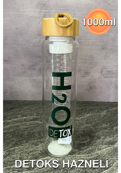 H2o  Bambu Kapaklı Borosilikat Cam Matara - 1lt Şeffaf