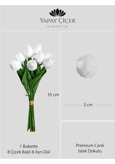 Beyaz Yapay Lüx Lale Çiçeği Buketi 8 Dallı Premium Canlı Islak Dokulu 35 Cm