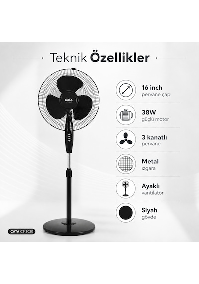 Pervane Akçay 16 Inch 3 Kanatlı Ayaklı Vantilatör Metal Izgaralı Siyah