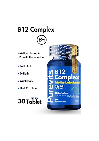 Purevits Vitamin B12 Complex - Folic Acid Biotin 30 Adet Dilaltı Tablet