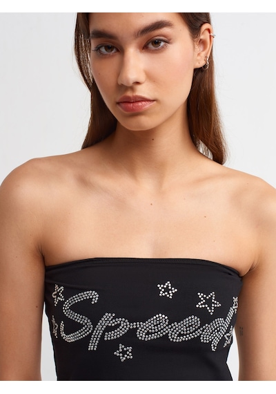Dilvin Taş Baskılı Crop Top 101a20668 Siyah