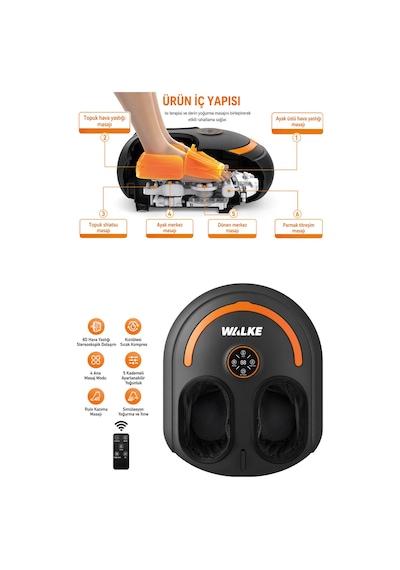 Walke Premium Uzaktan Kumandalı Çıkarılabilir Kılıf Isıtmalı Ayak Masaj Aleti A-01 Siyah