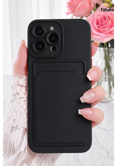 Fibaks iPhone 15 Pro Max Uyumlu Kılıf Kamera Korumalı Kartlıklı Cüzdanlı Kırmızı Tuşlu Siyah Silikon Kapak