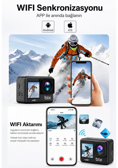 4k Ultra Hd Wi-fi Aksiyon Kamerası 20 Mp Çift Ekranlı 30 Metre Su Geçirmez Genel