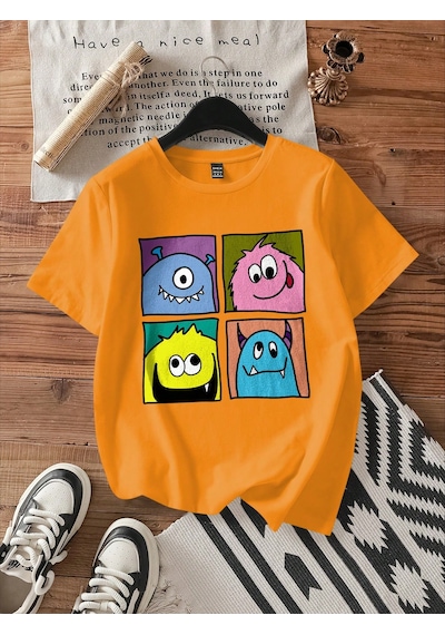 Unisex Canavarlar Baskılı Tasarım Tshirt Turuncu