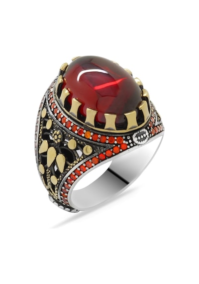 Kırmızı Zirkon Taşlı Oval Tasarım 925 Ayar Gümüş Erkek Yüzük (425077355)