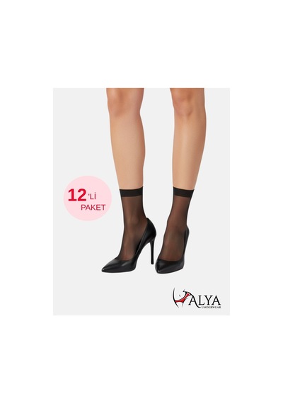 Alya Underwear Kadın Parlak Soket Çorap, 15 Den, Fit - 12'li Paket Siyah 12'li