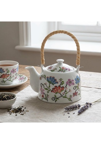 Porselen Çini Piraye Demlik - Bambu/hasır Saplı, Ateşe Dayanıklı Nostaljik Bitki Çayı Ve Çay Demliği 900 Ml - 2 Farklı Desen Seçeneği Pıraye Çok Renkli