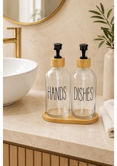 Relly Bambu Standlı İkili Cam Sabunluk Seti 2 X 500 Ml Hands & Dıshes Şeffaf