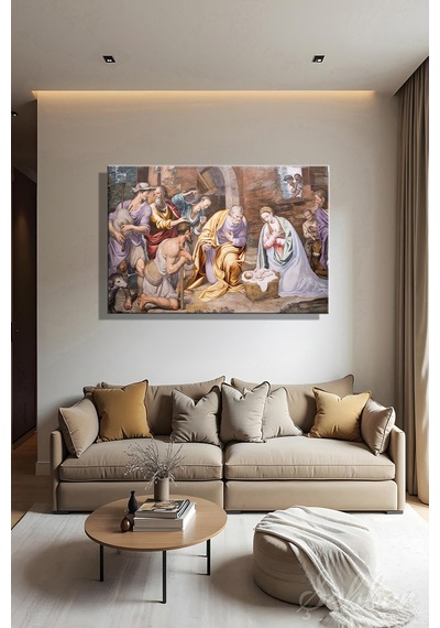Simone Peterzano'nın ''adoration Of The Shepherds'' Adlı Freski Yatay Kanvas Tablo 4384 Çok Renkli