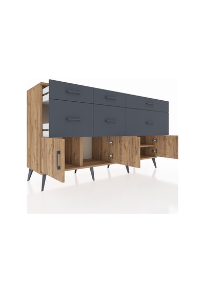 Kronos Konsol Tek Raflı 6 Çekmeceli 4 Kapaklı 176x59x99 Çam-çam/a Çam-çam/antrasit