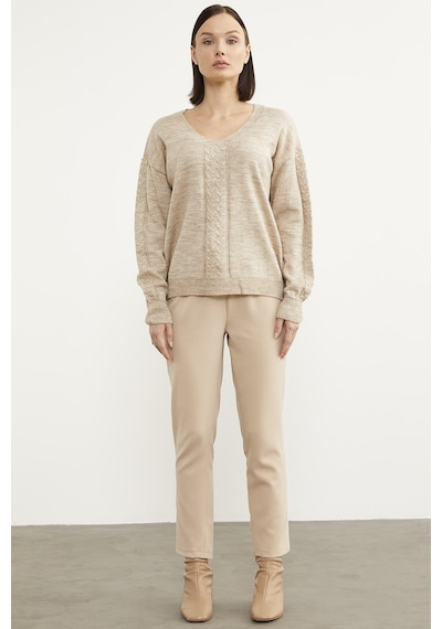Sementa Saç Örgü Detaylı V Yaka Triko Kazak - Bej 001