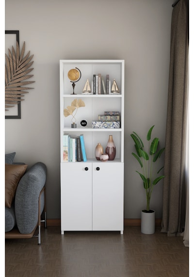 Kapaklı Çok Amaçlı Salon Dolabı 150x50x22 Cm Raflı Kitaplık Dekoratif Depolama Ünitesi Beyaz
