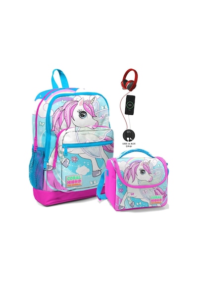 Coral High Okul Çantası Ve Beslenme Çantası Seti - Kız Çocuk Mavi Unicorn- Usb Soketli