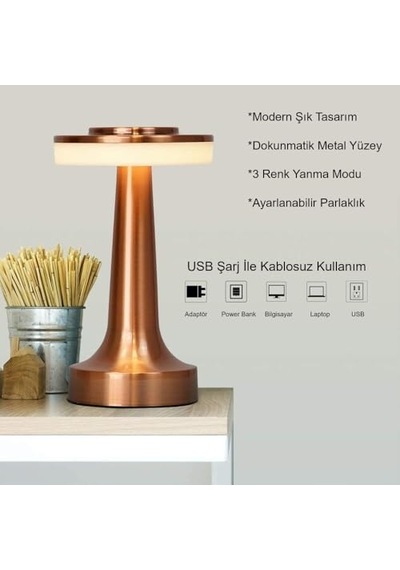 Retro Şarjlı Dekoratif Dokunmatik Metal Masa Lambası 3 Renk Mod Dim Edilebilir Çok Renkli
