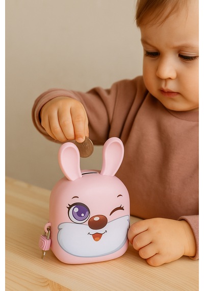 Kilitli Tavşan Desenli Metal Kumbara Açık Pembe