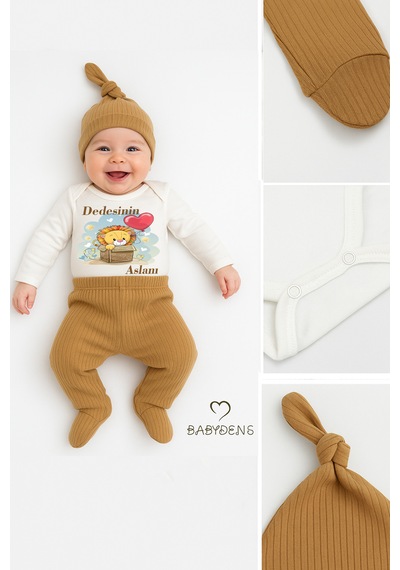 Babyden's Dedesinin Aslanı Baskılı 3 Lü Bebek Takımı Pamuklu Fitilli Kumaş Şapka,patikli Alt ,uzun Kollu Zıbın Açık Kahverengi