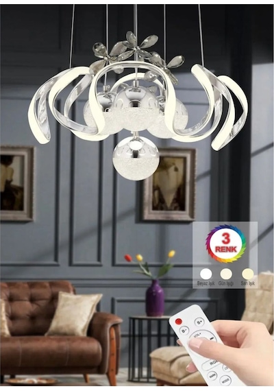 Kumandalı 3 Renk Işık Özellikli 4 Toplu Modern Krom Kaplama Sarkıt Led Avize Salon Avize Krom