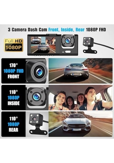 Full Hd 1080p Üç Kameralı Araç Içi Kamera Araba Güvenlik Kamerası Gece Görüşü Ön Geri İç Kayıt Ir Led