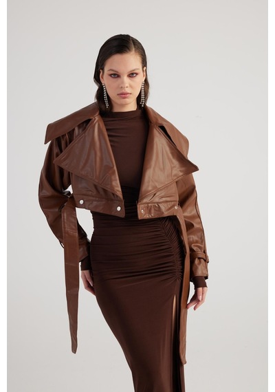 Holly Lolly Crop Model Astarlı Kemerli Neeko Deri Ceket Kahverengi Kahve
