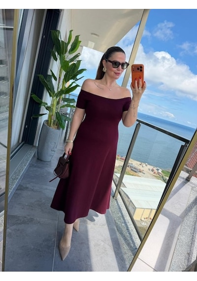 De'charme Kadın Madonna Yaka Midi Boy Modal Elbise Bordo
